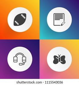 Modern, simple vector icon set on gradient backgrounds with entertainment, operator, field, grass, white, stadium, text, microphone, technology, audio, collection, goal, edit, communication, pen icons