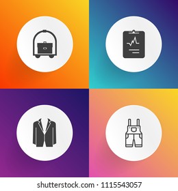 Modern, simple vector icon set on gradient backgrounds with care, pants, medicine, health, jacket, shower, sign, travel, manager, bed, person, vacation, worker, clothing, uniform, wear, room icons