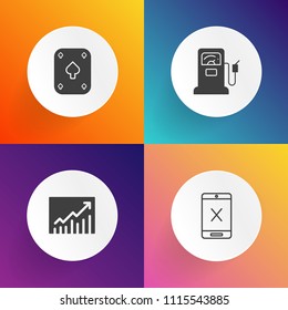 Modern, simple vector icon set on gradient backgrounds with finance, profit, coax, increase, progress, tv, concept, communication, subscription, gas, cut, poker, success, pump, station, fuel, up icons
