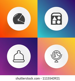 Modern, simple vector icon set on gradient backgrounds with helmet, motorcycle, toy, planet, earth, geography, ball, teddy, continent, bike, baseball, clothing, fashion, accessory, globe, car icons