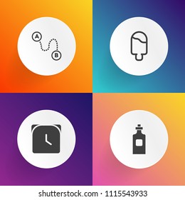 Modern, simple vector icon set on gradient backgrounds with dessert, watch, object, sign, graphic, drink, location, cream, beverage, cone, travel, alcohol, container, sweet, position, bottle icons