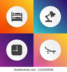 Modern, simple vector icon set on gradient backgrounds with alarm, training, motel, black, lamp, seat, modern, business, hour, healthy, sport, sleep, bicycle, object, home, pedal, office, travel icons