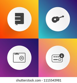 Modern, simple vector icon set on gradient backgrounds with bag, electric, banking, white, hand, document, open, song, paper, empty, blank, sign, cash, space, musical, acoustic, currency, guitar icons