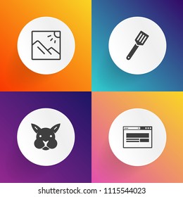 Modern, simple vector icon set on gradient backgrounds with website, scenery, cooking, pan, outdoor, baby, easter, kitchen, cute, food, travel, white, rabbit, picture, summer, house, card, blue icons