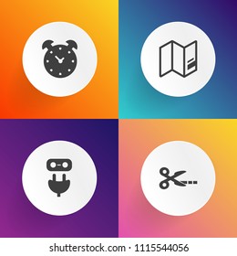 Modern, simple vector icon set on gradient backgrounds with paper, tailor, sign, world, electric, map, silhouette, europe, timer, cut, clock, wake, earth, alarm, travel, bell, plug, electricity icons