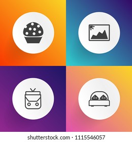 Modern, simple vector icon set on gradient backgrounds with object, apartment, doughnut, luggage, furniture, home, bakery, travel, style, dessert, hotel, frame, handbag, white, breakfast, handle icons
