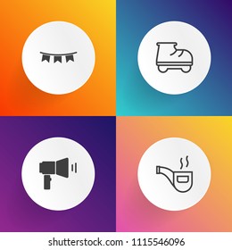 Modern, simple vector icon set on gradient backgrounds with sound, lifestyle, white, party, sign, happy, celebration, holiday, pipe, event, summer, tobacco, announce, young, bunting, park, old icons