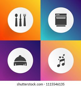 Modern, simple vector icon set on gradient backgrounds with eat, burner, knife, meal, object, heat, appliance, white, visor, wear, black, kitchen, sound, cooking, cutlery, equipment, textile icons