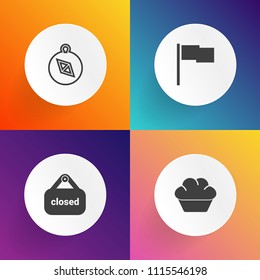 Modern, simple vector icon set on gradient backgrounds with compass, cafe, closed, food, text, nautical, cupcake, white, west, retail, business, board, cake, national, map, pennant, door, sweet icons