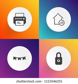 Modern, simple vector icon set on gradient backgrounds with house, print, web, security, party, printer, market, lock, banner, password, decoration, element, colorful, flag, padlock, machine icons