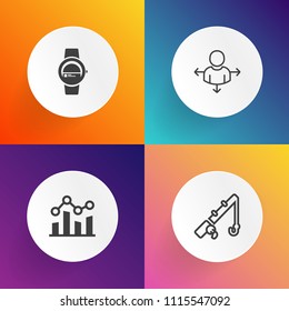 Modern, simple vector icon set on gradient backgrounds with leisure, tackle, map, finance, wireless, graph, travel, technology, road, direction, place, touch, sign, arrow, display, financial, up icons