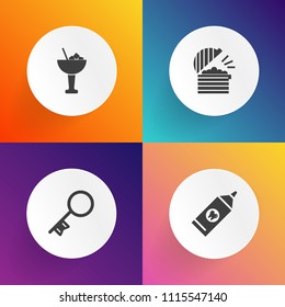 Modern, simple vector icon set on gradient backgrounds with brush, dentist, cooking, party, refreshment, menu, lock, drink, bar, door, dental, key, white, toothpaste, glass, secure, home, safe icons