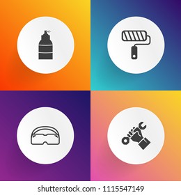 Modern, simple vector icon set on gradient backgrounds with black, paint, helmet, roller, white, occupation, sport, builder, industry, spray, brush, business, glasses, graffiti, job, diving, art icons