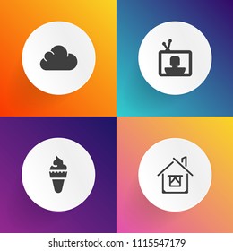 Modern, simple vector icon set on gradient backgrounds with vanilla, screen, housing, architecture, video, cloud, icecream, ice-cream, door, building, sweet, dessert, cream, house, food, ice, tv icons