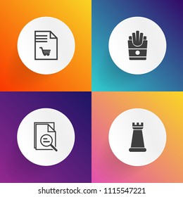 Modern, simple vector icon set on gradient backgrounds with look, unhealthy, lunch, king, tool, sign, competition, food, magnifying, optical, yellow, paper, queen, white, knight, shopping, glass icons