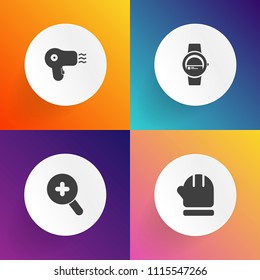 Modern, simple vector icon set on gradient backgrounds with zoom, find, view, hairdresser, smart, sign, time, hair, gloves, technology, hat, red, mittens, beauty, collection, gadget, dryer, air icons