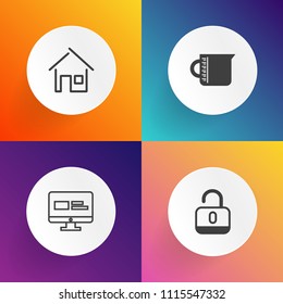 Modern, simple vector icon set on gradient backgrounds with door, web, water, construction, open, real, estate, building, padlock, navigation, secure, measurement, modern, beaker, unlock, sign icons