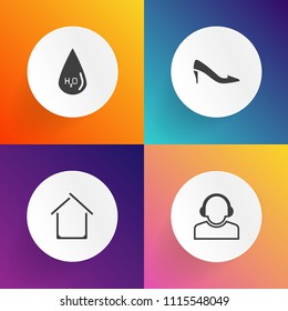 Modern, simple vector icon set on gradient backgrounds with shoe, real, sign, property, liquid, fashion, water, building, door, high, drop, architecture, communication, exterior, service, heel icons