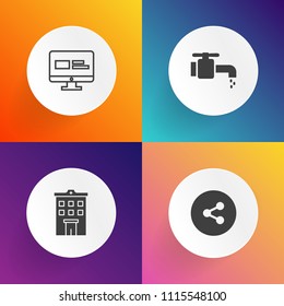 Modern, simple vector icon set on gradient backgrounds with social, wash, clean, construction, real, share, graphic, page, wet, urban, concept, site, computer, sink, web, property, tap, home icons