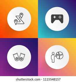 Modern, simple vector icon set on gradient backgrounds with group, gaming, male, location, game, controller, object, conference, joystick, people, sport, activity, marker, map, scuba, route, gps icons