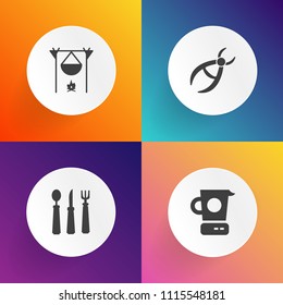 Modern, simple vector icon set on gradient backgrounds with spoon, care, smoke, medical, bonfire night, bonfire, restaurant, medicine, home, firewood, camp, fire, knife, equipment, kitchen, tool icons
