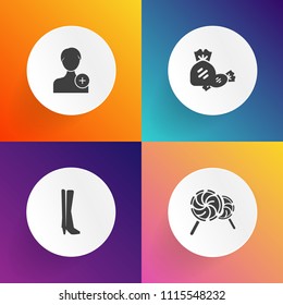 Modern, simple vector icon set on gradient backgrounds with style, confectionery, human, food, person, foot, shoe, footwear, colorful, heel, dessert, sugar, stick, black, white, silhouette, face icons
