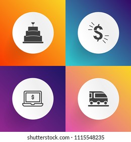 Modern, simple vector icon set on gradient backgrounds with delicious, food, baked, pie, van, bus, tram, vehicle, cake, white, monitor, car, dollar, internet, travel, road, railway, office, rail icons