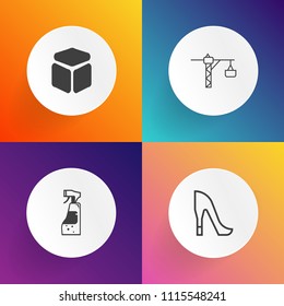Modern, simple vector icon set on gradient backgrounds with sign, glamour, saw, silhouette, graphic, cleaning, square, foot, liquid, white, household, cube, leather, drill, repair, pair, female icons