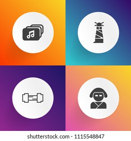 Modern, simple vector icon set on gradient backgrounds with workout, asia, costume, strength, physical, culture, weight, house, building, barbell, light, gym, exercise, asian, female, active icons