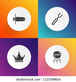 Modern, simple vector icon set on gradient backgrounds with menu, decoration, card, cook, charcoal, crown, meal, knife, grill, chip, fire, meat, jewelry, spoon, element, equipment, princess, hot icons