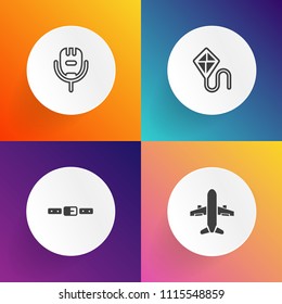 Modern, simple vector icon set on gradient backgrounds with transportation, flight, sing, joy, seat, safe, mic, fly, kite, transport, buckle, musician, sound, plane, belt, voice, entertainment icons