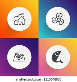 Modern, simple vector icon set on gradient backgrounds with sea, food, cooler, fishing, cool, growth, healthy, fresh, heat, ventilator, increase, travel, pin, road, market, fan, nature, real icons