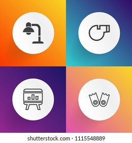 Modern, simple vector icon set on gradient backgrounds with object, diagram, coach, whistle, swim, plastic, interior, sea, sport, bedroom, data, activity, game, electric, infographic, graph icons
