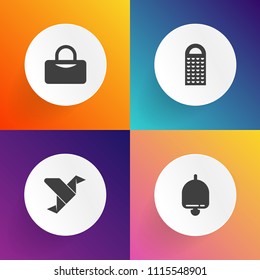 Modern, simple vector icon set on gradient backgrounds with call, decorative, healthy, fitness, luggage, paper, sign, object, bag, graphic, ring, metal, steel, bell, alert, travel, equipment icons