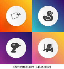 Modern, simple vector icon set on gradient backgrounds with cute, delivery, industry, tool, gift, shop, cargo, truck, price, promotion, shipping, child, tag, repair, drill, web, equipment, sale icons