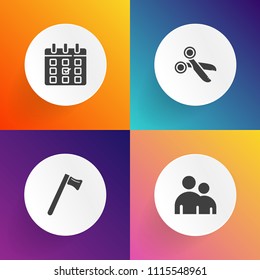Modern, simple vector icon set on gradient backgrounds with day, sign, repair, cut, month, metal, week, industry, body, equipment, office, plan, scissors, man, black, person, hammer, business icons