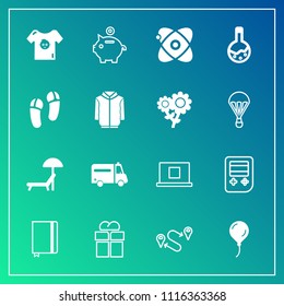 Modern, simple vector icon set on gradient background with astronomy, health, medical, baby, kid, gift, bank, point, book, travel, map, page, beach, space, money, coin, finance, universe, box icons