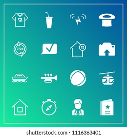 Modern, simple vector icon set on gradient background with train, east, home, south, call, sea, service, trumpet, water, boy, help, man, print, transportation, typography, favorite, architecture icons