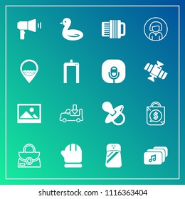 Modern, simple vector icon set on gradient background with child, file, truck, tag, background, infant, season, transport, bird, music, price, baby, object, girl, kid, seasoning, sky, lorry, bag icons