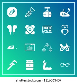 Modern, simple vector icon set on gradient background with structure, nutrition, electric, people, health, hierarchy, trumpet, bugle, bodybuilding, reparation, company, clip, glasses, website icons