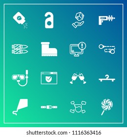 Modern, simple vector icon set on gradient background with space, candy, hotel, belt, label, cloakroom, lollipop, package, mask, powder, shipping, cargo, food, fun, red, male, security, website icons