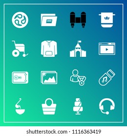 Modern, simple vector icon set on gradient background with japan, bag, soup, kamon, sweet, music, online, spoon, space, rocket, doughnut, sign, dessert, document, craft, cotton, frame, fashion icons