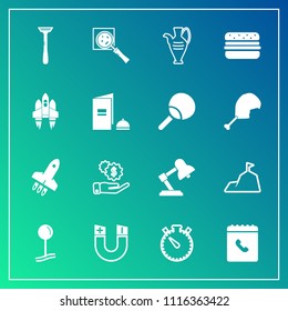 Modern, simple vector icon set on gradient background with find, phone, space, clock, finance, vase, leisure, nature, search, dollar, money, razor, magnetic, mountain, magnifier, technology, sky icons