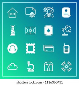 Modern, simple vector icon set on gradient background with architecture, identity, home, vintage, drone, research, call, lighthouse, phone, plastic, house, pitch, border, mobile, sea, control icons