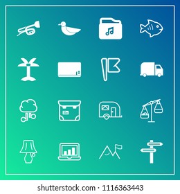 Modern, simple vector icon set on gradient background with music, sky, internet, direction, phone, pretty, people, light, banner, technology, trumpet, communication, person, animal, computer icons