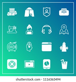 Modern, simple vector icon set on gradient background with idea, air, leather, mobile, bag, chart, security, sewing, style, object, fashion, house, building, concept, sign, machine, camp, estate icons