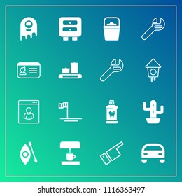 Modern, simple vector icon set on gradient background with kayak, kitchen, finger, people, blue, space, water, alien, plant, machine, profile, coffee, car, fiction, male, care, hygiene, object icons