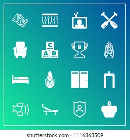 Modern, simple vector icon set on gradient background with mobile, tv, screen, seat, door, dessert, cell, bed, corn, sweet, machine, healthy, security, food, technology, shield, chair, protect icons