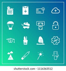 Modern, simple vector icon set on gradient background with light, health, bag, download, college, school, pen, money, bulb, dental, ocean, lamp, graduation, pencil, landscape, oven, kitchen, sea icons
