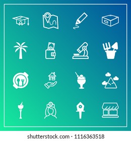 Modern, simple vector icon set on gradient background with road, dessert, estate, nurse, nest, graduation, pin, food, spring, mountain, alcohol, white, property, care, university, blue, travel icons